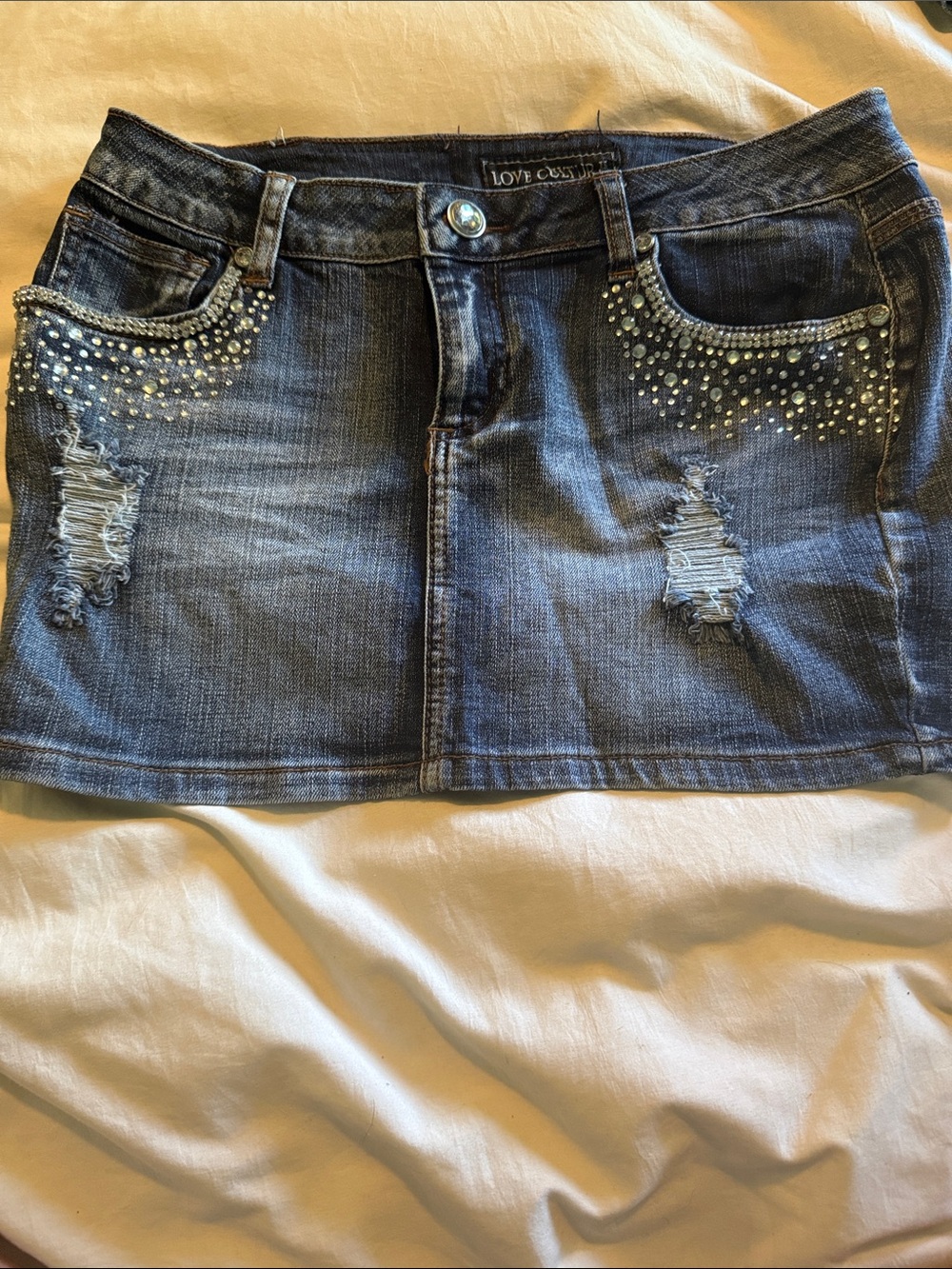 Love Culture Dark Blue Distressed Denim Mini Skirt with Studded Pockets